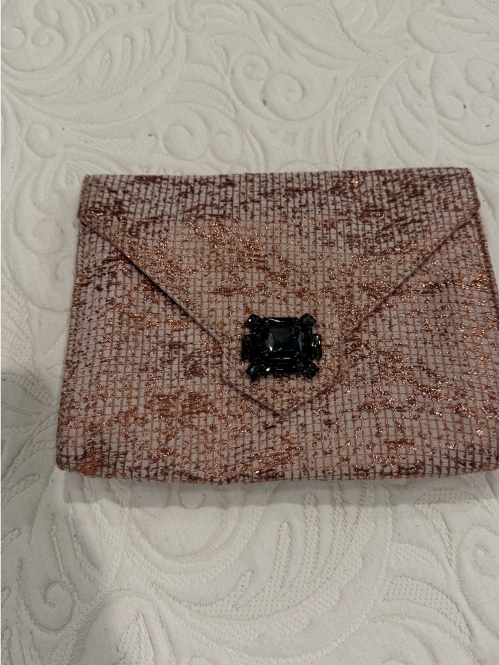 BCBGeneration Rose Gold Glitter Envelope Clutch with Black Jewel
